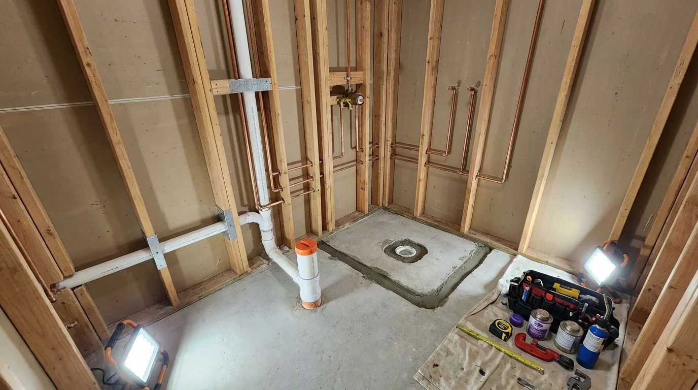 Bathroom rough-in plumbing during remodel by Johns Plumbing LLC in Forestdale
