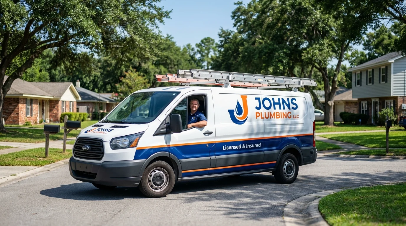 Johns Plumbing LLC service van in Forestdale, MA