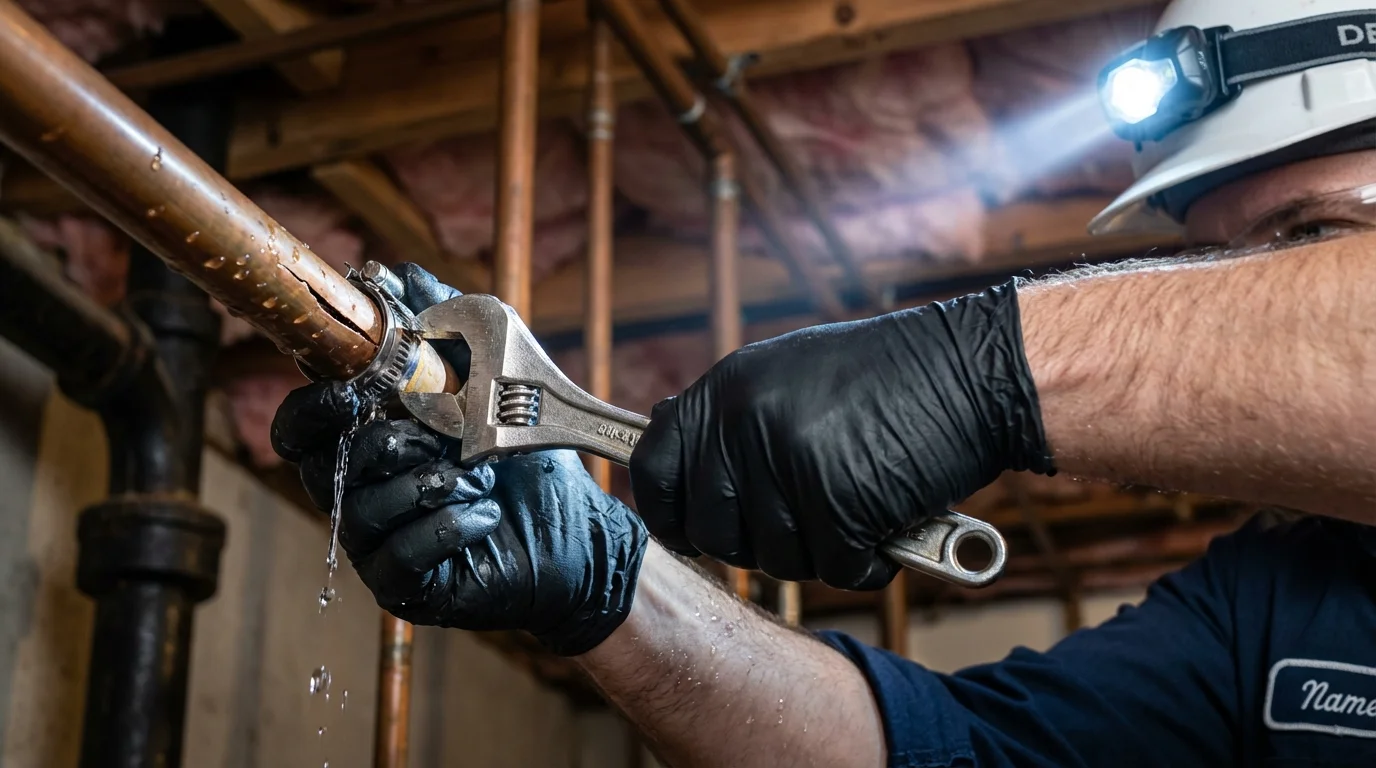Emergency pipe clamp repair being performed by a Johns Plumbing LLC plumber in Forestdale