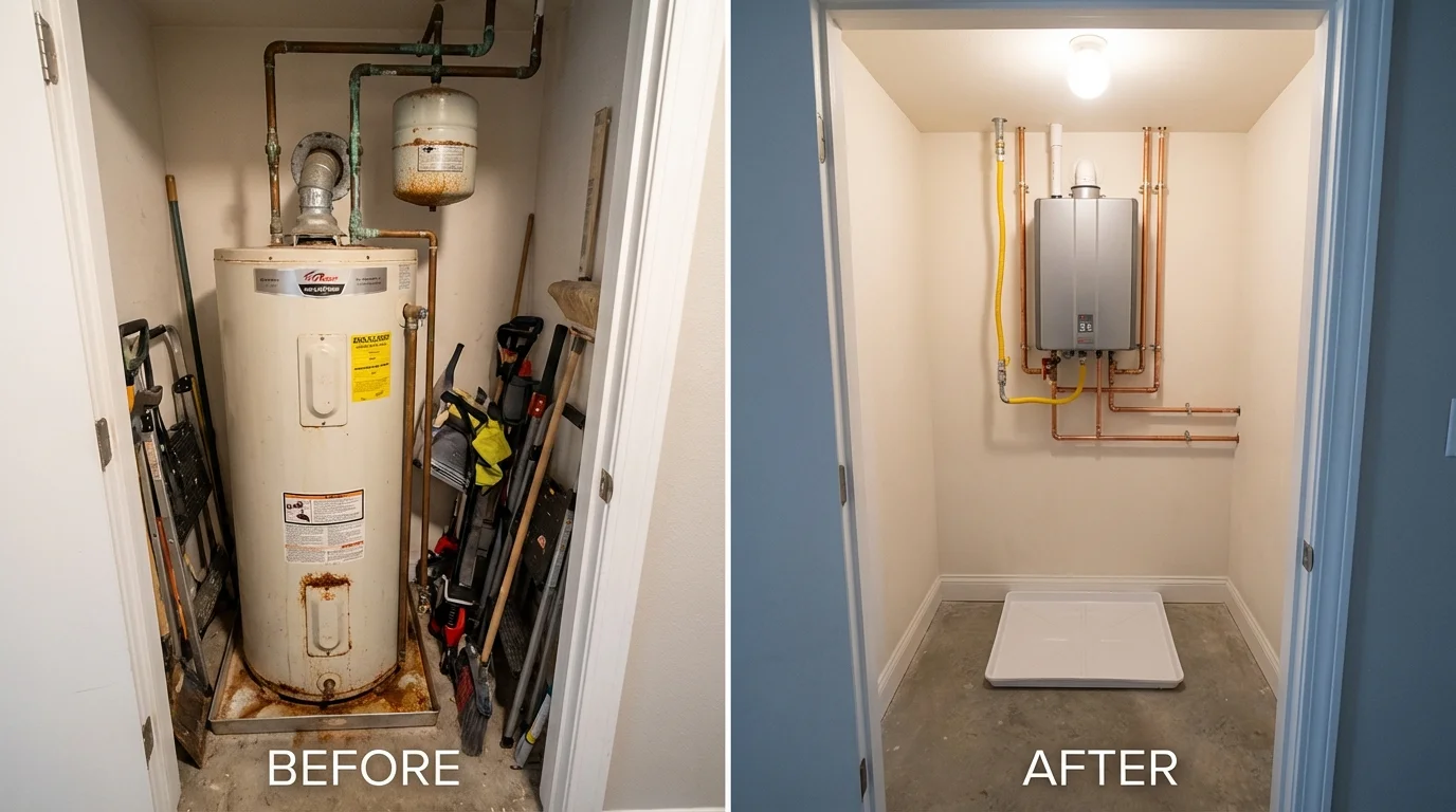 Tank water heater versus wall-mounted tankless unit comparison for Forestdale, MA homeowners
