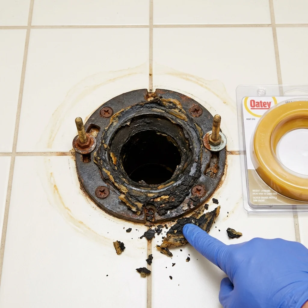 Failed wax ring showing water seepage at the base of a toilet in a Forestdale, MA home