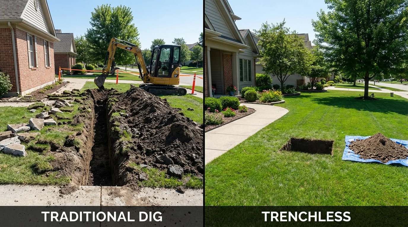 Trenchless sewer repair with minimal yard damage versus traditional excavation in Forestdale, MA