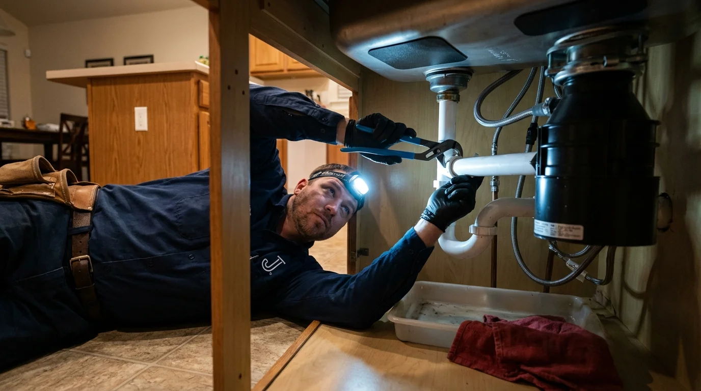 P-trap and supply line connections under a kitchen sink showing a common leak point in Forestdale, MA